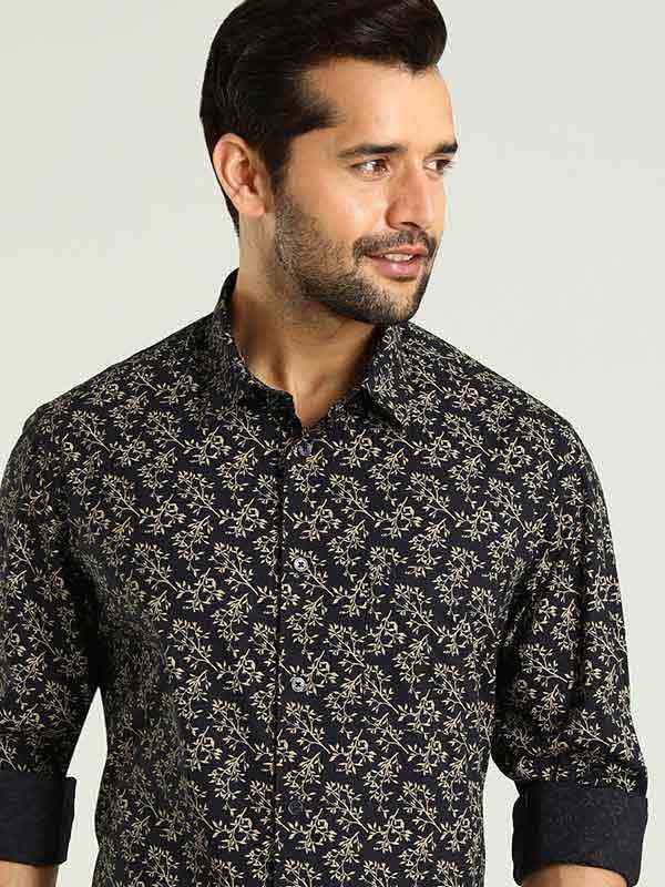 Indian Terrain Men's Regular Fit Full Sleeve Tropical Print Navy Shirt